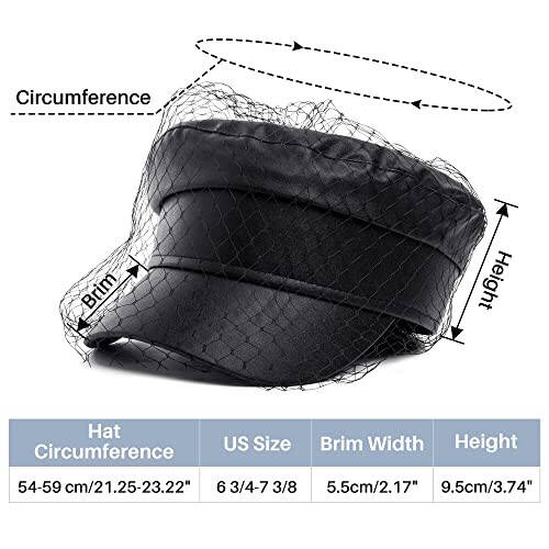 Beret Hats for Women PU Leather Newsboy Fiddler Cap with Veil Casual Baker Boy Captain Hat - 2