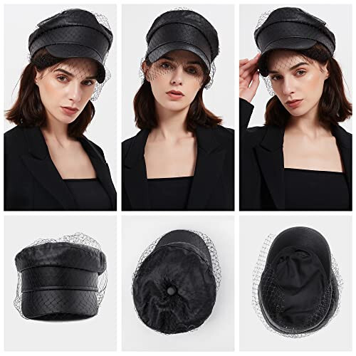 Beret Hats for Women PU Leather Newsboy Fiddler Cap with Veil Casual Baker Boy Captain Hat - 6