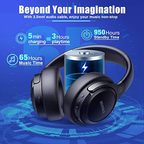 BERIBES Bluetooth Quloqchinlar Quloq Ustida, 65 Soat O'ynash Vaqti Va 6 EQ Musiqa Rejimlari Simsiz Quloqchinlar Mikrofonli, HiFi Stereo Yig'iladigan Yengil Quloqchin, Uy Ofis Uyali Telefon Kompyuter Va Hk. Uchun Chuqur Bass - 3