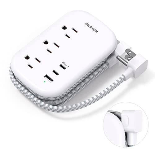 BESHON Düz Fişli Priz, 3 Çıkışlı ve 3 USB Portlu (2 USB C), Ultra Düz 3.2ft Sarılı Uzatma Kablosu, Yolculuk, Yurt Odası ve Gemi İçin - 1