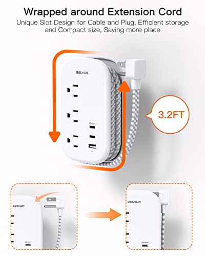 BESHON Düz Fişli Priz, 3 Çıkışlı ve 3 USB Portlu (2 USB C), Ultra Düz 3.2ft Sarılı Uzatma Kablosu, Yolculuk, Yurt Odası ve Gemi İçin - 4