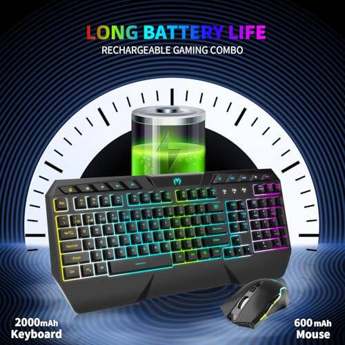 Беспроводная игровая клавиатура и мышь Combo - RGB подсветка, перезаряжаемая беспроводная клавиатура, эргономичная подставка для запястий, подсветка мыши, беспроводная игровая клавиатура и мышь, долговечный встроенный аккумулятор (черный) - 3