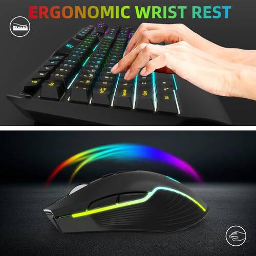 Беспроводная игровая клавиатура и мышь Combo - RGB подсветка, перезаряжаемая беспроводная клавиатура, эргономичная подставка для запястий, подсветка мыши, беспроводная игровая клавиатура и мышь, долговечный встроенный аккумулятор (черный) - 5