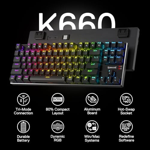 Беспроводная игровая клавиатура Redragon K660RGB-PRO (K556 TKL), 80% 87 клавиш BT/2.4Ghz трёхрежимная алюминиевая механическая клавиатура с функциями Mac, гнёздами для горячей замены и шумопоглощающей формой, красные переключатели - 2