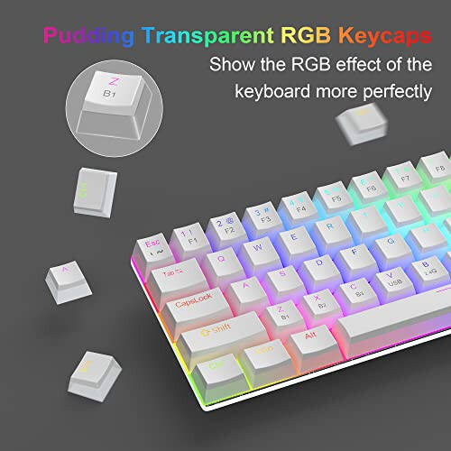 Беспроводная механическая клавиатура MageGee 60%, 2.4G/BT5.0/USB-C тройной режим PBT Pudding Keycaps RGB-подсветка, компактная мини-клавиатура на 68 клавиш с красными переключателями для ПК, ноутбука, Mac, смартфона, белая - 3