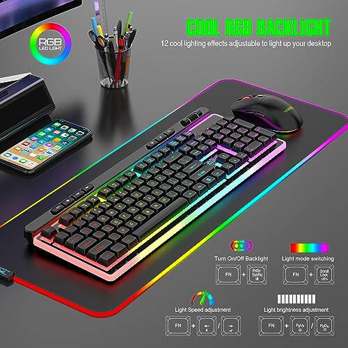 Беспроводной Комплект Клавиатура и Мышь, Игровая Клавиатура с Подсветкой RGB, Полная Клавиатура 7 КЛАВИШ с Эргономикой, Подсветка Игровой Мыши 3200 DPI для ПК Стол/Ноутбук/MAC - 2