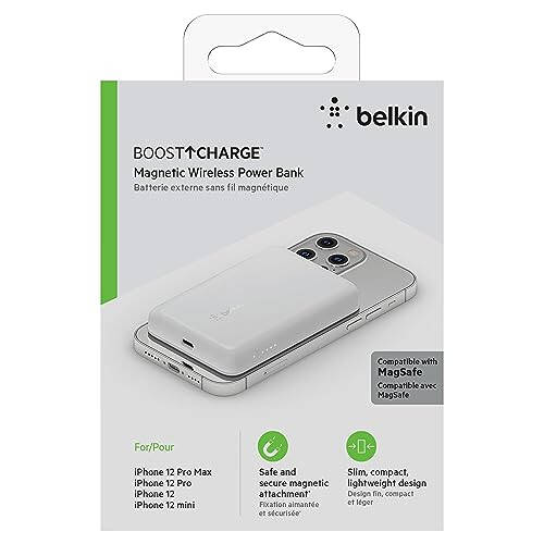 Беспроводной портативный аккумулятор Belkin с поддержкой MagSafe, 7,5 Вт беспроводная зарядка - Портативный магнитный аккумулятор - Совместим с iPhone 15, 15 Plus, 15 Pro, 15 Pro Max, iPhone 14, AirPods и другими - Белый - 6