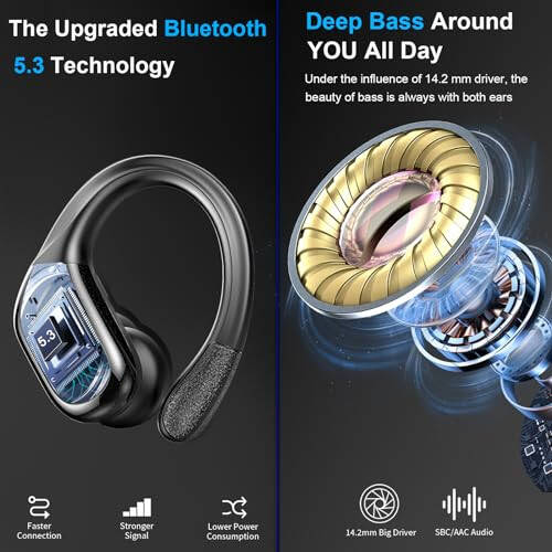 Беспроводные наушники, 75 часов Bluetooth 5.3 наушники IP7 водонепроницаемые для спорта, бега беспроводные наушники с микрофонами ENC шумоподавления, глубокие басы накладные наушники с крючками для ушей для Android, iOS, тренировок, тренажерного зала - 3