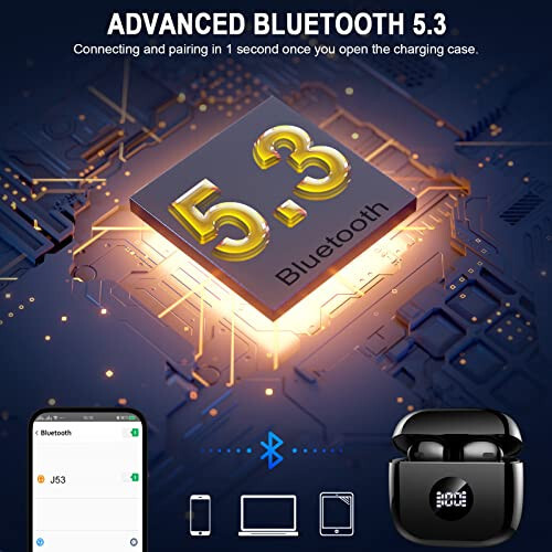 Беспроводные наушники, Bluetooth 5.3 наушники LED дисплей питания наушники бас стерео, наушники вкладыши шумоподавление микрофон, 40 часов воспроизведения мини-чехол IP7 водонепроницаемые спортивные наушники для Android iOS - 3