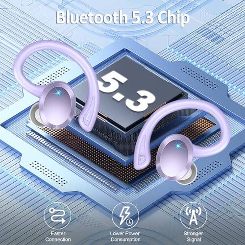 Беспроводные наушники Bluetooth спортивные, Bluetooth 5.3 наушники 3D HiFi стерео накладные наушники, 48 часов наушники с крючком для ушей с шумоподавлением, водонепроницаемые наушники IP7 для тренировки/бега/тренажерного зала, фиолетовый - 3