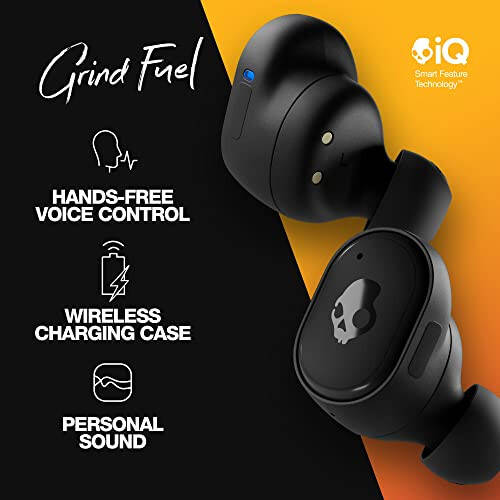 Беспроводные наушники Skullcandy Grind Fuel с внутриканальными наушниками, беспроводной зарядкой, 40-часовой батареей, Skull-iQ, поддержкой Alexa, микрофоном, совместимые с iPhone, Android и Bluetooth-устройствами - True Black/Orange - 2