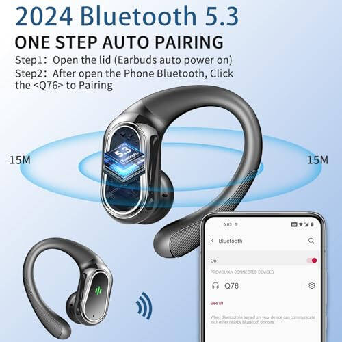 Беспроводные наушники, спортивные наушники Bluetooth 5.3 2024 года, Bluetooth-наушники с шумоподавлением ENC, 50-часовые стерео беспроводные наушники IP7 с водонепроницаемыми крючками для ушей, двойной светодиодный дисплей для бега/тренировок - 2