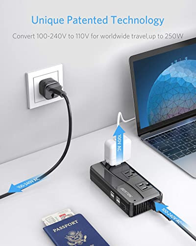 BESTEK 250W Güç Dönüştürücü 3 Çıkışlı ve 4 Portlu USB Seyahat Voltaj Dönüştürücü 220V'den 110V'a Tip G/D/M/AU/US Seyahat Fişi Adaptörleriyle - 3