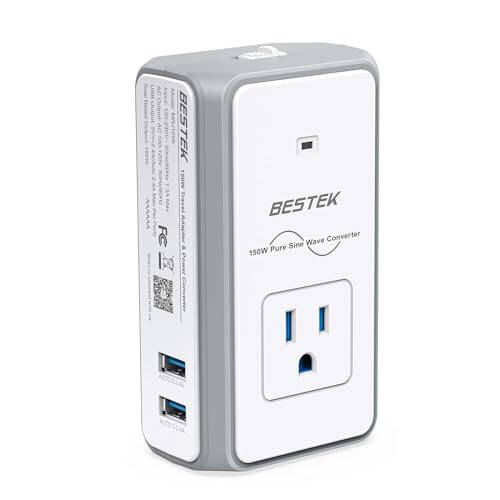 BESTEK [Pure Sine Wave] Universal Travel Adapter - 150W Voltage Converter 220v to 110v, 2X 2.4A USB-A Ports and 1X AC Outlet, All-in-One International Power Plug for EU US UK AU (1-White) - 1