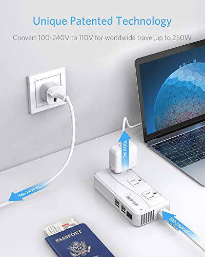 BESTEK Uluslararası Güç Adaptörü 250W, 220V - 110V Aşağı Dönüş Seyahat Voltaj Dönüştürücüsü 4 Port USB Dahil ABD/Avustralya/AB/İngiltere/Hindistan/Güney Afrika Fiş Adaptörü (Beyaz) - 3