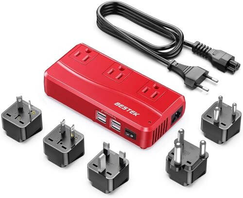 BESTEK Uluslararası Güç Adaptörü 250W, 220V'den 110V'ye Aşağı Çevirici Seyahat Voltaj Dönüştürücüsü 4 Port USB Dahil ABD/AU/EU/UK//Hindistan/Güney Afrika Fiş Adaptörü (Kırmızı) - 1