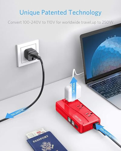 BESTEK Uluslararası Güç Adaptörü 250W, 220V'den 110V'ye Aşağı Çevirici Seyahat Voltaj Dönüştürücüsü 4 Port USB Dahil ABD/AU/EU/UK//Hindistan/Güney Afrika Fiş Adaptörü (Kırmızı) - 3