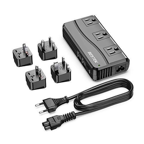 BESTEK Universal sayohat adapteri 100-220V dan 110V ga kuchlanish konvertori 250W 6A 4 portli USB zaryadlash 3 AC rozetkasi va EU/UK/AU/US/India dunyo bo'ylab vilkasi adapteri (qora) - 1