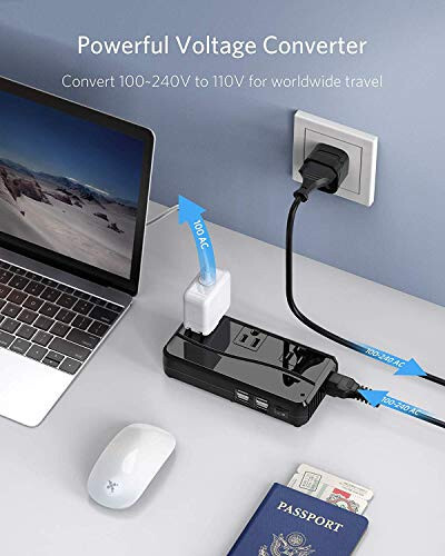 BESTEK Universal Travel Adapter 100-220V to 110V Voltage Converter 250W with 6A 4-Port USB Charging 3 AC Sockets and EU/UK/AU/US/India Worldwide Plug Adapter (Black) - 2