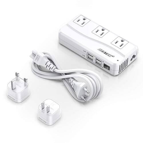 BESTEK Universal Travel Adapter 220V to 110V Voltage Converter with 6A 4-Port USB Charging and UK/AU/US/EU Worldwide Plug Adapter (White) - 1