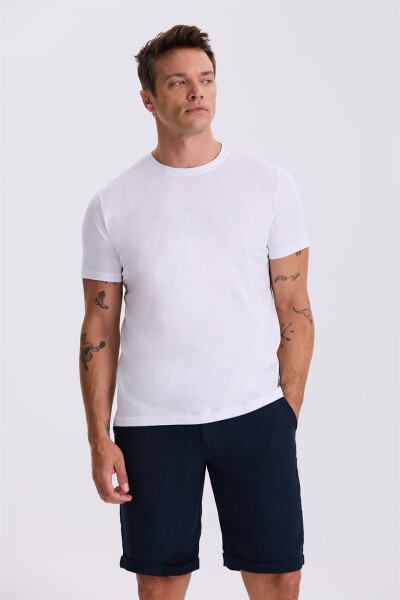 Beyaz %100 Pamuk Slim Fit Bisiklet Yaka Basic T-Shirt - 2