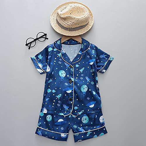 Beziun Toddler Baby Boys Satin Pajamas Cute Dinosaur Pattern Sleepwear Short Sleeve Shorts 2 Pcs Sets Summer - 14