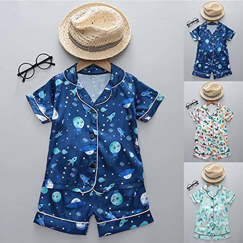 Beziun Toddler Baby Boys Satin Pajamas Cute Dinosaur Pattern Sleepwear Short Sleeve Shorts 2 Pcs Sets Summer - 15