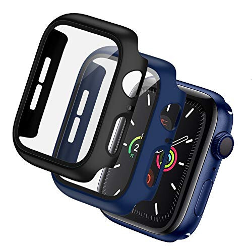 BHARVEST 2 Pack Hard PC Case Compatible with Apple Watch SE 2022/Series 6/5/4/SE 44mm, Case with Tempered Glass Screen Protector Overall Bubble-Free Cover for iWatch Accessories, Black+Blue - 1