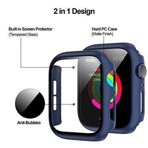 BHARVEST 2 Pack Hard PC Case Compatible with Apple Watch SE 2022/Series 6/5/4/SE 44mm, Case with Tempered Glass Screen Protector Overall Bubble-Free Cover for iWatch Accessories, Black+Blue - 3