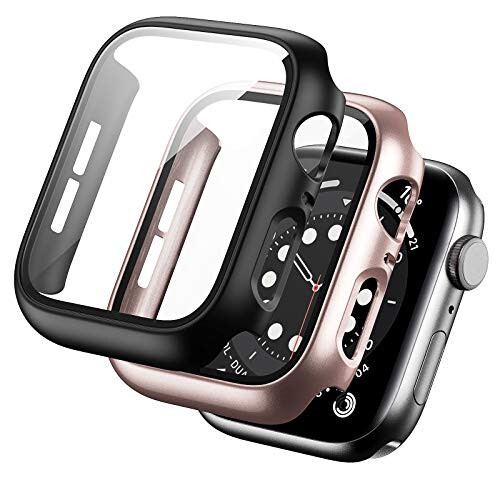 BHARVEST 2 Pack Hard PC Case Compatible with Apple Watch SE 2022/Series 6/5/4/SE 44mm, Case with Tempered Glass Screen Protector Overall Bubble-Free Cover for iWatch Accessories, Black+Rose Gold - 1