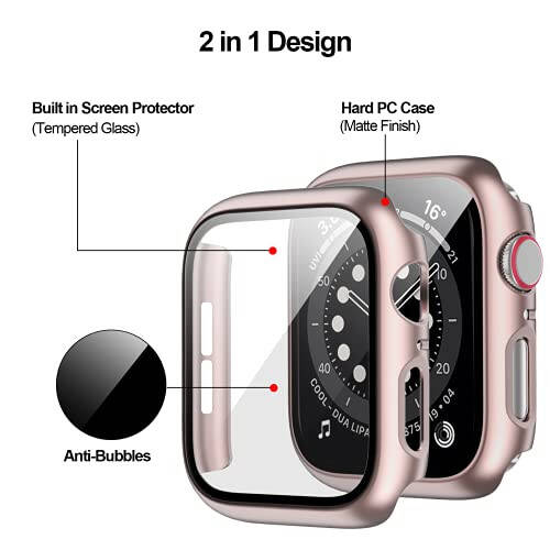 BHARVEST 2 Pack Hard PC Case Compatible with Apple Watch SE 2022/Series 6/5/4/SE 44mm, Case with Tempered Glass Screen Protector Overall Bubble-Free Cover for iWatch Accessories, Black+Rose Gold - 3