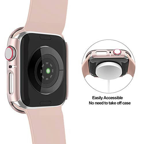 BHARVEST 2 Pack Hard PC Case Compatible with Apple Watch SE 2022/Series 6/5/4/SE 44mm, Case with Tempered Glass Screen Protector Overall Bubble-Free Cover for iWatch Accessories, Black+Rose Gold - 4