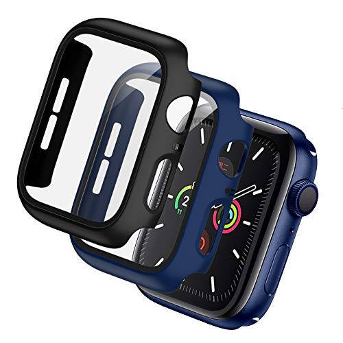 BHARVEST 2-пакетный жесткий чехол из поликарбоната, совместимый с Apple Watch SE 2022/Series 6/5/4/SE 44 мм, чехол с защитным стеклом из закаленного стекла, общий чехол без пузырей для аксессуаров iWatch, черный + синий - 1