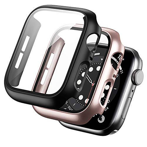 BHARVEST 2'li Sert PC Kılıf Apple Watch SE 2022/Seri 6/5/4/SE 44mm ile Uyumlu, Temperli Cam Ekran Koruyucu ile Kılıf Genel Kabarcıksız Kapak iWatch Aksesuarları İçin, Siyah+Gül Altın - 1