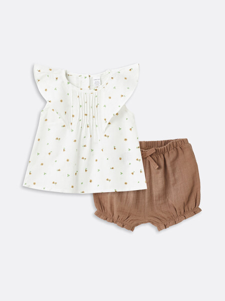 Bicycle Collar Floral Baby Girl Blouse and Shorts 2-Piece Set - 1