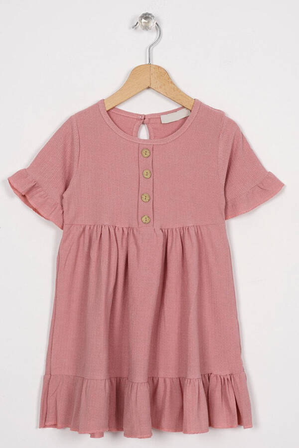 Bicycle Collar Short Sleeve Frilled Buttoned Rose Pink Girl's Dress - 1