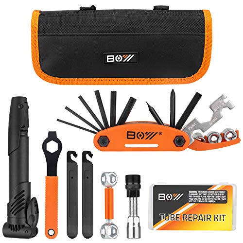 Bicycle Repair Bag With Tire Pump, Portable Tool Kit for Camping Travel - Patches, Inflator, Maintenance Essentials All in One Safety Kit - 1