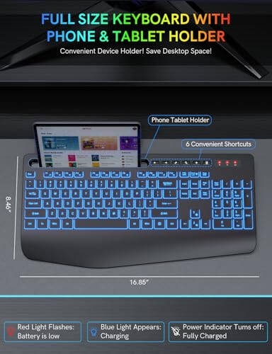 Bilek Desteği ve Telefon Tutucu ile Kablosuz Klavye, 7 Renkli Arka Aydınlatma, Şarj Edilebilir Ergonomik Bilgisayar Klavyesi Sessiz Tuşlarla, Tam Boyutlu Aydınlatmalı Kablosuz Klavye Windows, Windows, Mac, Laptop için - 5
