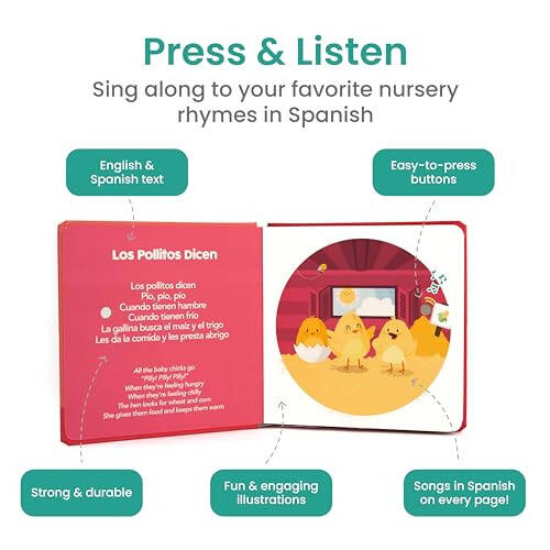 Binibi Spanish Musical Book for Babies & Toddlers 1-3 Los Pollitos Dicen & Other Nursery Rhymes | Spanish Learning for Kids | Bilingual Children's Book | Sound Book | Libro en español para bebés - 2