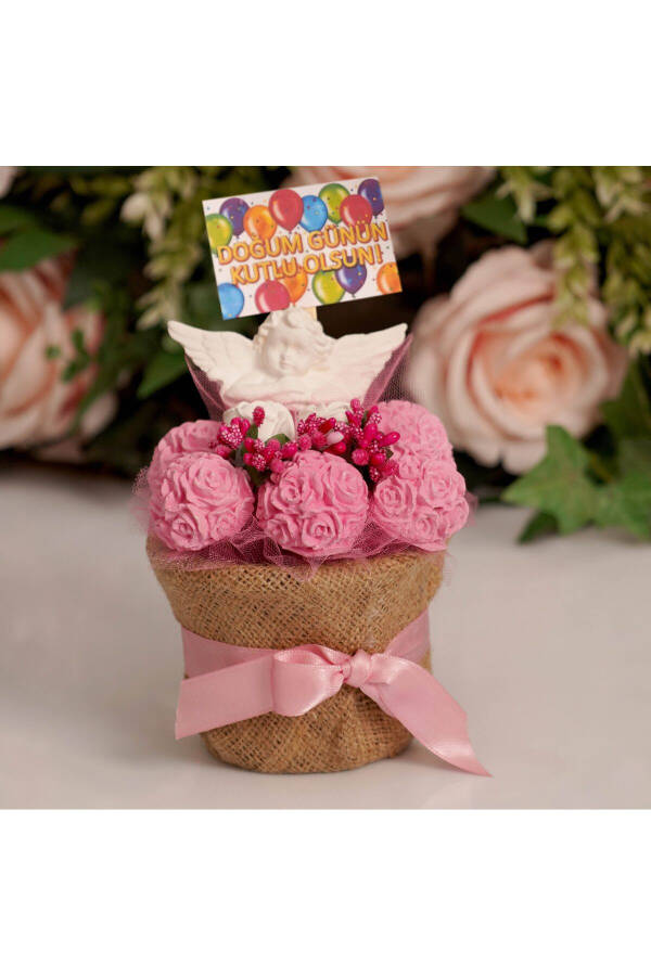 Birthday Special Handmade Jute Pot Angel Figurine Pink Scented Stone Flower Arrangement Gift - 1