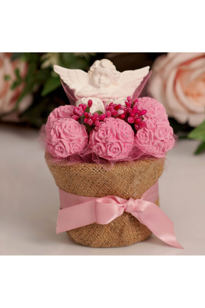 Birthday Special Handmade Jute Pot Angel Figurine Pink Scented Stone Flower Arrangement Gift - 2