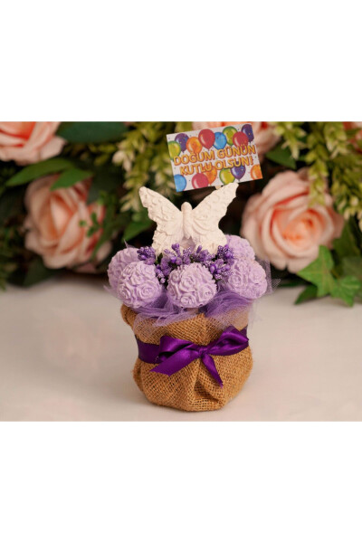 Birthday Special Handmade Jute Pot Butterfly Figurine Purple Scented Stone Flower Arrangement Gift - 1