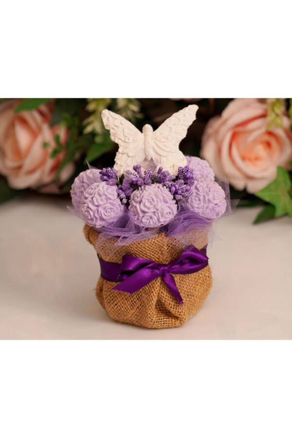 Birthday Special Handmade Jute Pot Butterfly Figurine Purple Scented Stone Flower Arrangement Gift - 2