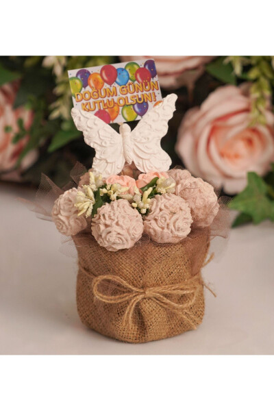 Birthday Special Handmade Jute Pot with Butterfly Figured White Fragrant Stone Flower Arrangement Gift - 1