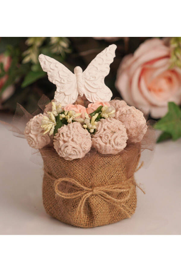 Birthday Special Handmade Jute Pot with Butterfly Figured White Fragrant Stone Flower Arrangement Gift - 2