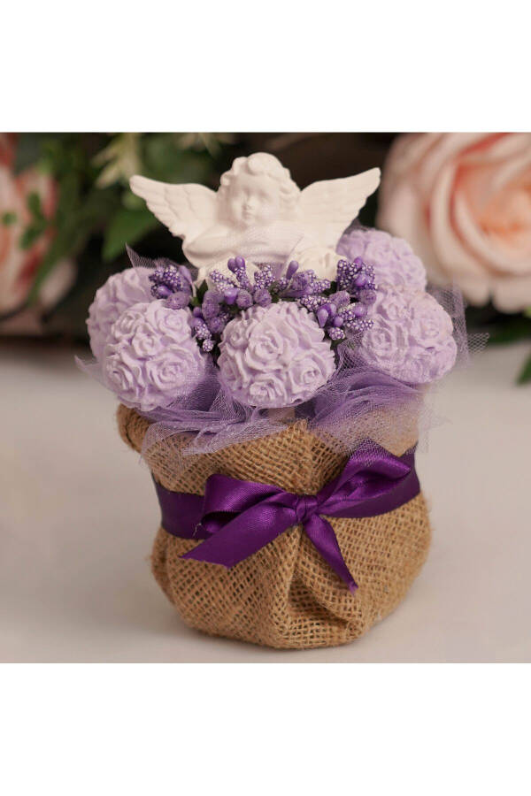 Birthday Special Made Jute Pot Angel Figurine Purple Scented Stone Flower Arrangement Gift - 2