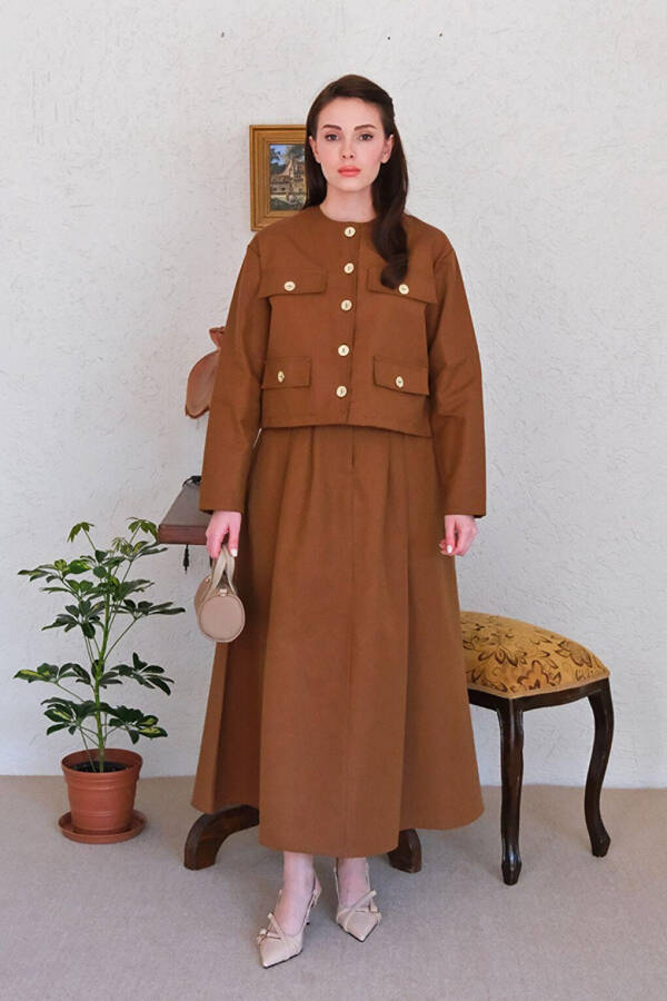 Bitter Coffee Linen Skirt Suit with Pocket Detail - 1