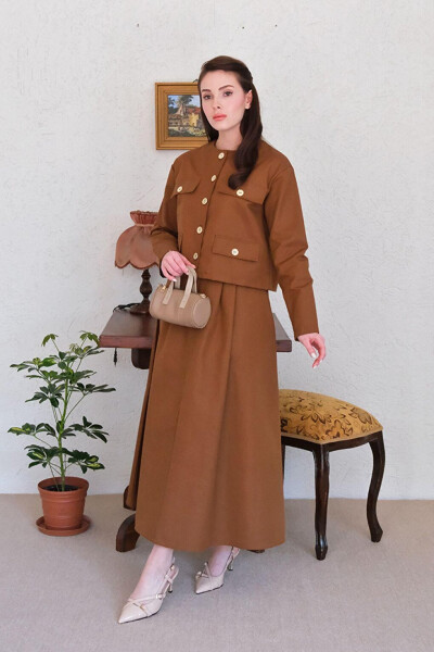 Bitter Coffee Linen Skirt Suit with Pocket Detail - 2