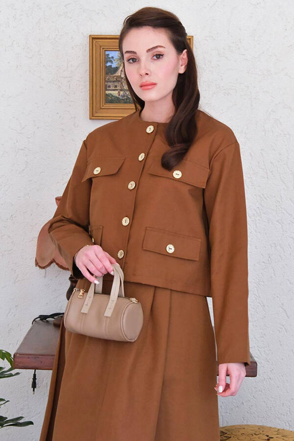 Bitter Coffee Linen Skirt Suit with Pocket Detail - 3