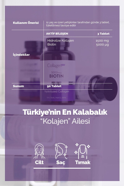 Biyotik 5000mcg & Kolajen 1500mg X 90 Tablet, Saç Vitamini Güçlendirici Gıda Takviyesi - 4